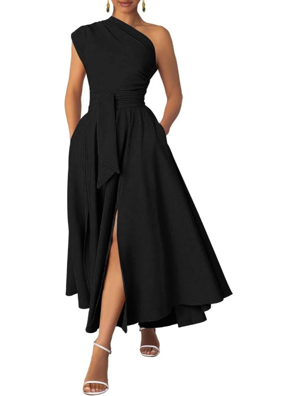 Women's Black Formal Wedding Flattering A-line One Shoulder Belted Maxi Dress